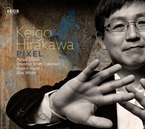 Keigo Hirakawa's Pixel album jacket. A image of Hirakawa showing his hands, wearing a dark suit and white shirt, stylized over a brown background