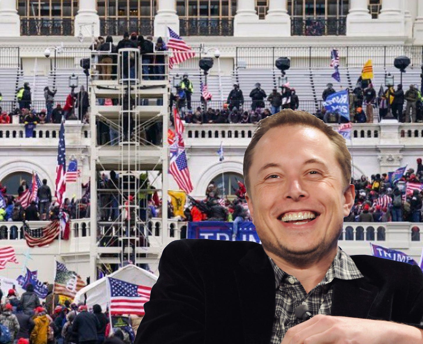 Image of laughing Musk superimposed over insurrection