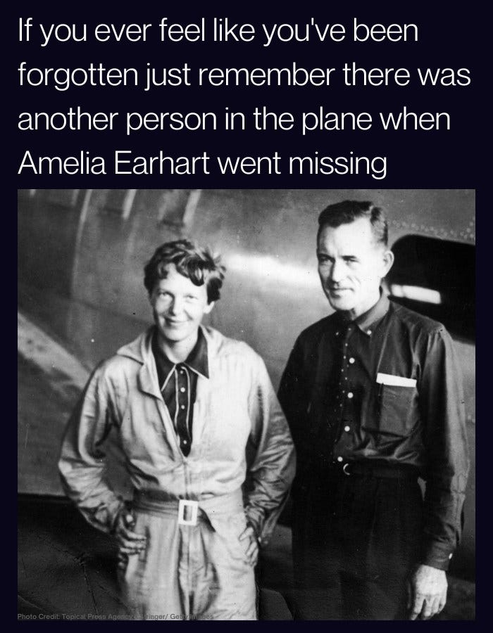 May be an image of 2 people, aircraft and text that says 'If you ever feel like you've been forgotten just remember there was another person in the plane when Amelia Earhart went missing inger/Ge'