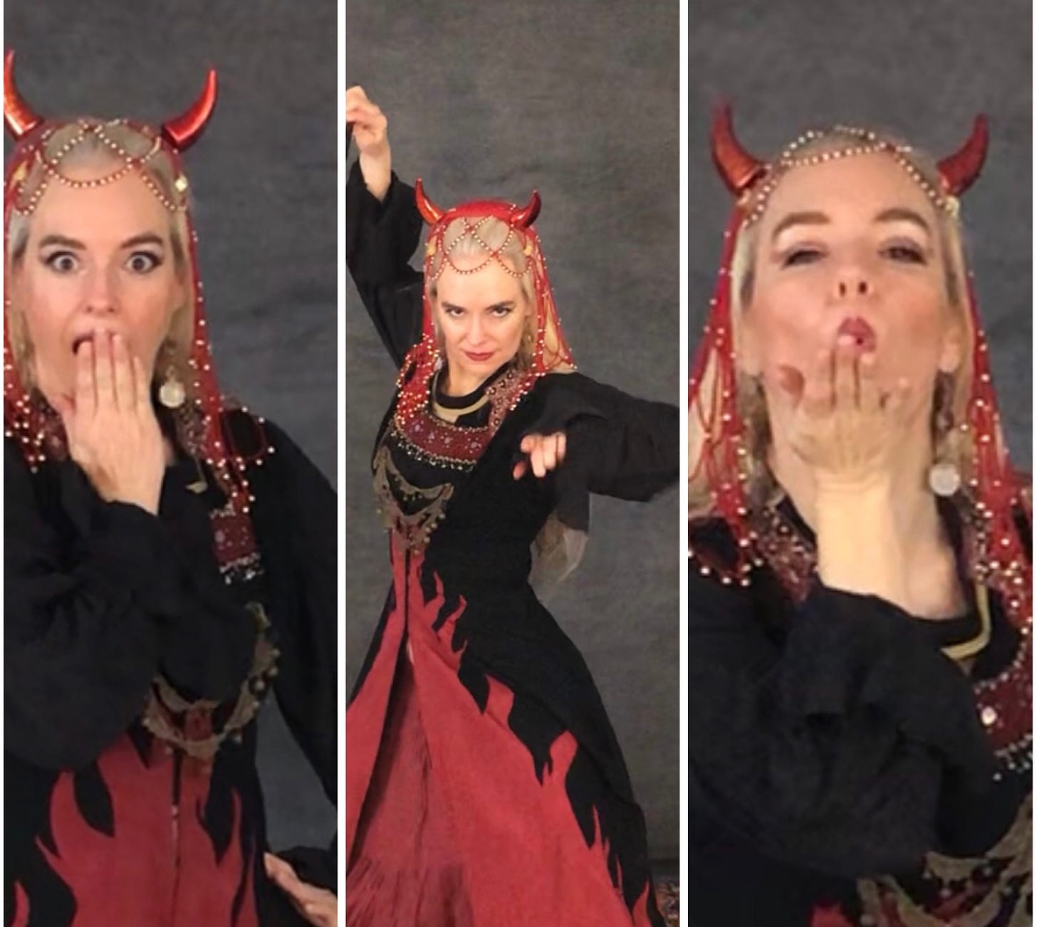 Montage of the author in devil horns and fire coat: shock face, wielding a pitchfork, blowing kisses