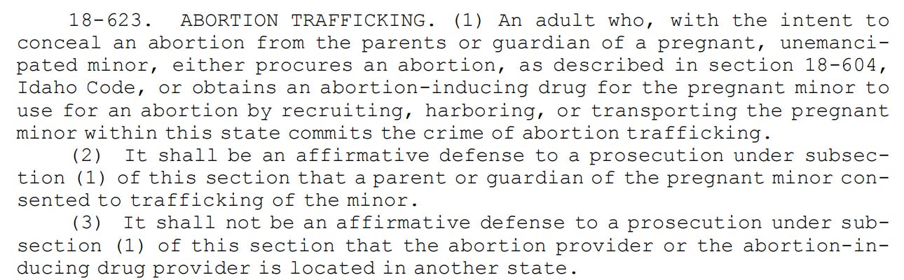 15 18-623. ABORTION TRAFFICKING. (1) An adult who, with the intent to 16 conceal an abortion from the parents or guardian of a pregnant, unemanci17 pated minor, either procures an abortion, as described in section 18-604, 18 Idaho Code, or obtains an abortion-inducing drug for the pregnant minor to 19 use for an abortion by recruiting, harboring, or transporting the pregnant 20 minor within this state commits the crime of abortion trafficking. 21 (2) It shall be an affirmative defense to a prosecution under subsec22 tion (1) of this section that a parent or guardian of the pregnant minor con23 sented to trafficking of the minor. 24 (3) It shall not be an affirmative defense to a prosecution under sub25 section (1) of this section that the abortion provider or the abortion-in26 ducing drug provider is located in another state.