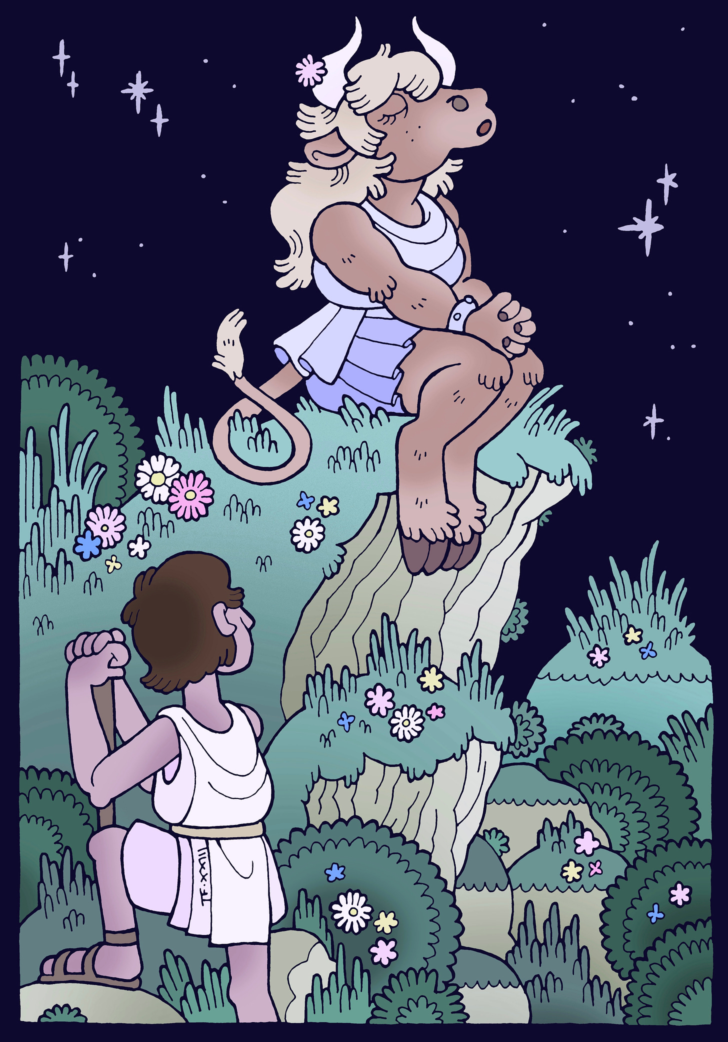 Traditionally hand drawn and digitally coloured illustration. A young human farm boy stops to listen to a young minotaur girl, who is sitting atop a hill and singing. Around them is tall grass and many flowering bushes. In the night sky, several stars twinkle.
