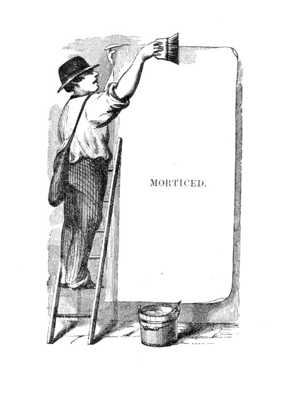 A man on a ladder brushing paste onto a large blank poster with the word "morticed" printed in the middle.