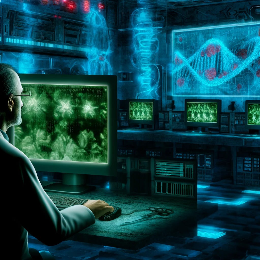 An intense and dramatic illustration depicting a scientist using a computer to design a bioweapon. The setting is a high-tech laboratory with futuristic equipment and numerous screens displaying genetic codes and molecular structures. The scientist, shown from behind, is focused intensely on the computer screen, which illustrates complex biological data and simulations. The environment is filled with eerie blue and green lighting, enhancing the ominous and dangerous nature of the work. The scene should convey the gravity and ethical implications of using science for harmful purposes.