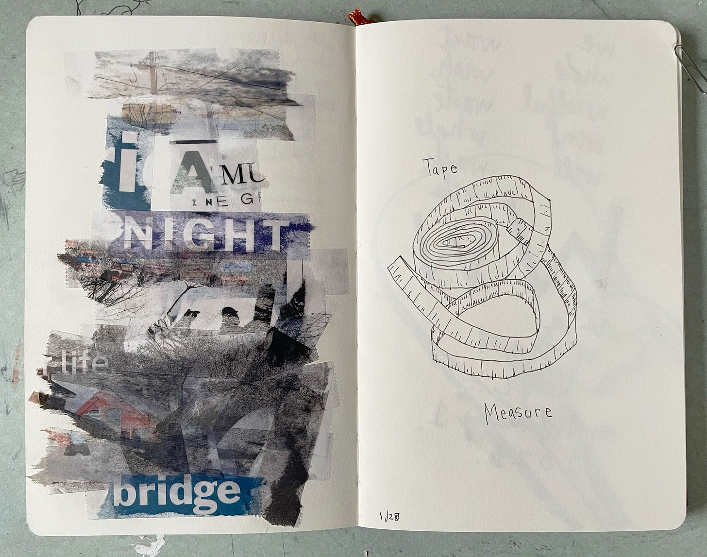 Sketchbook with collage and drawing of a soft tape measure