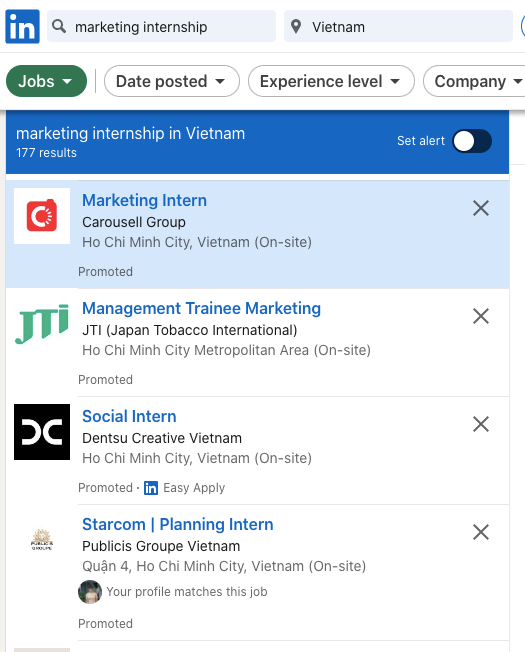 Nhiều job tuyển thực tập sinh marketing trên LinkedIn