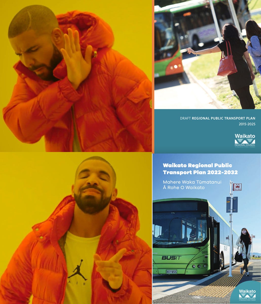 Drake hotline bling meme with a picture of the old Regional Public Transport Plan up the top with Drake in disgust, and the bottom is Drake showing affection to the updated Regional Public Transport Plan 2022-2032
