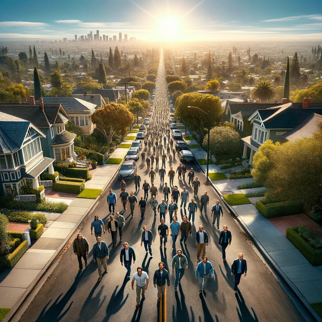 This aerial photo captures a wave of men walking up a street in a high-end, picturesque neighborhood, moving toward the camera. 