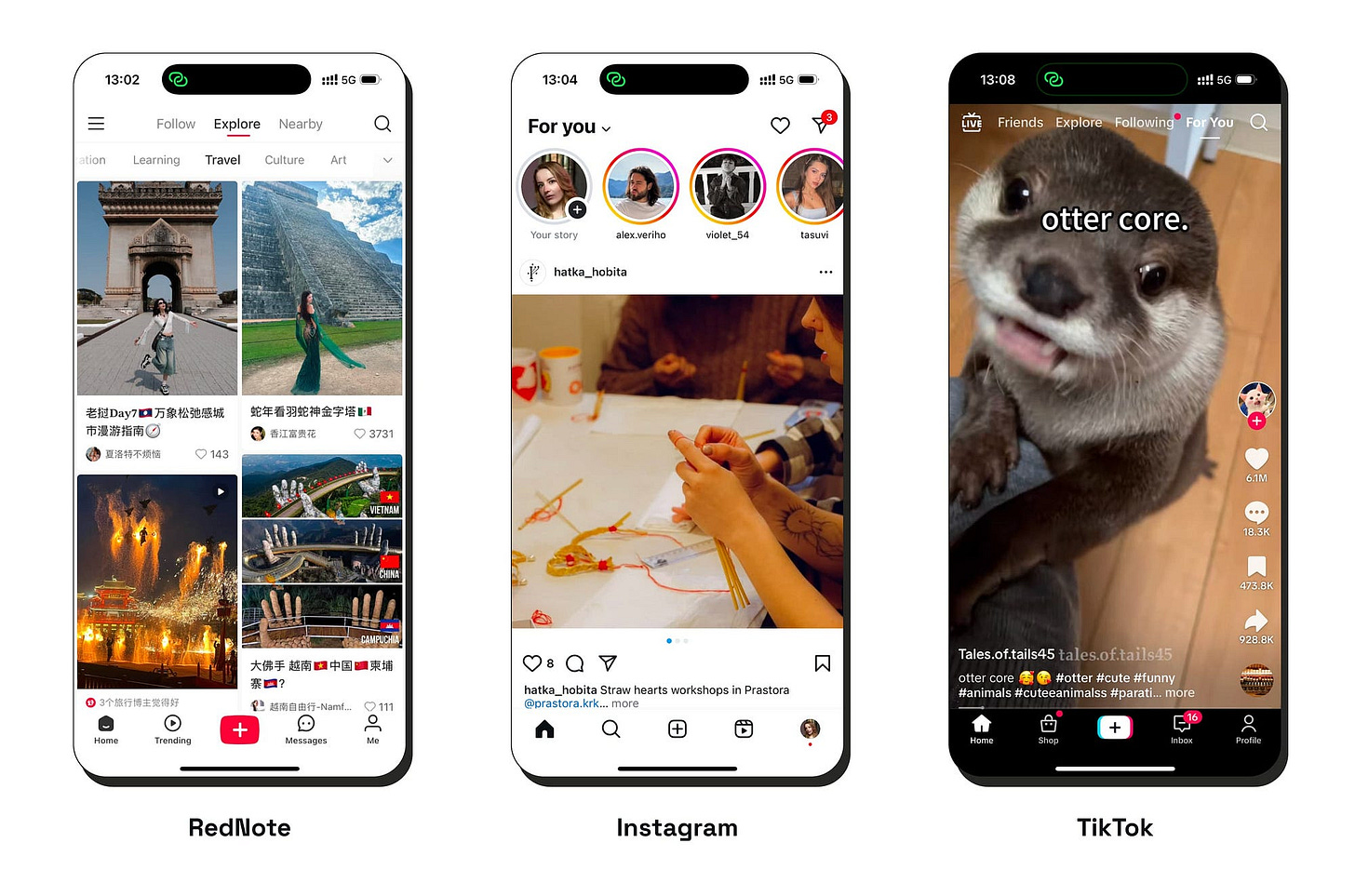 Western vs. Asian Product Design: RedNote vs Instagram vs TikTok screens