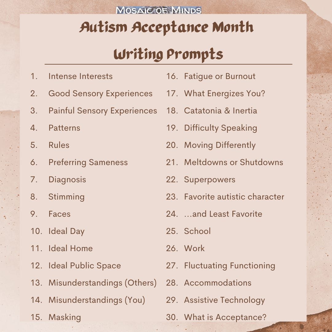Graphic list of 31 daily prompts for Autism Acceptance Month.