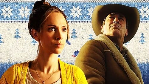 actress Juno Temple wearing a yellow cardigan while actor Jon Hamm stands behind her wearing a cowboy hat and looking upward