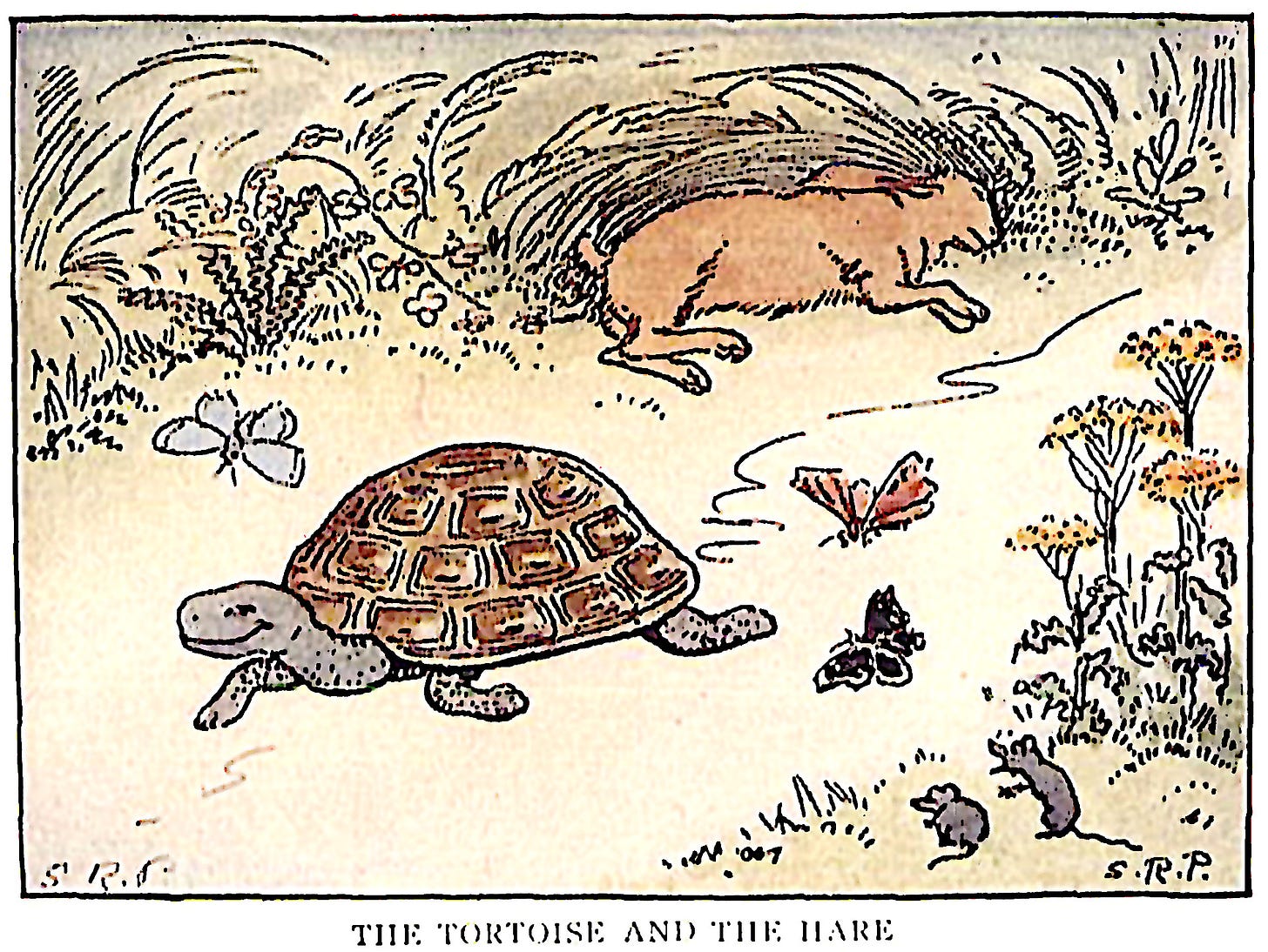 a smiling tortoise passing a sleeping hare while mice and butterflies watch
