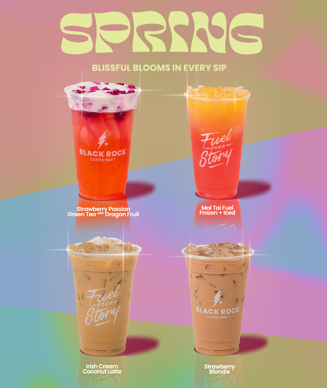 Graphic showing the four featured spring drinks from Black Rock Cofffee.
