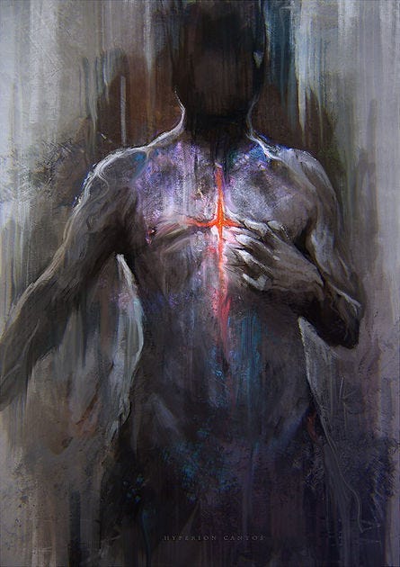 Mysterious figure with a glowing red cross on chest, set against a dark, abstract background. Moody and enigmatic atmosphere.