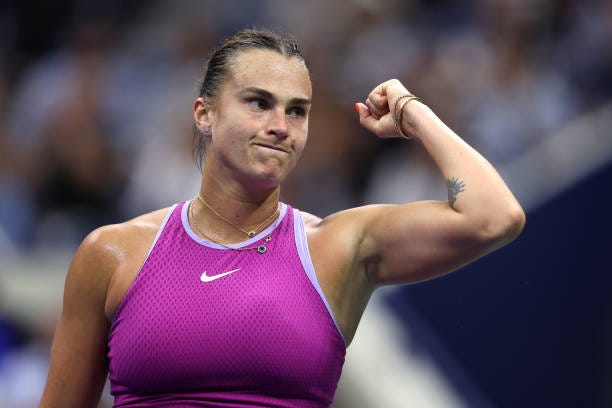 Aryna Sabalenka of Belarus reacts against Jessica Pegula of the United States during their Women's Singles Final match on Day Thirteen of the 2024 US...