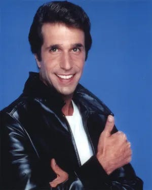 A promotional shot of the character Fonzie, from American sitcom Happy Days.
