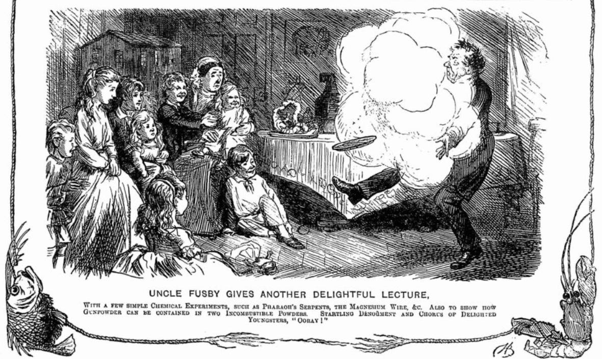 A cartoon showing a Victorian family watching their uncle doing some sort of experiment that involves him getting surrounded in a cloud of smoke.