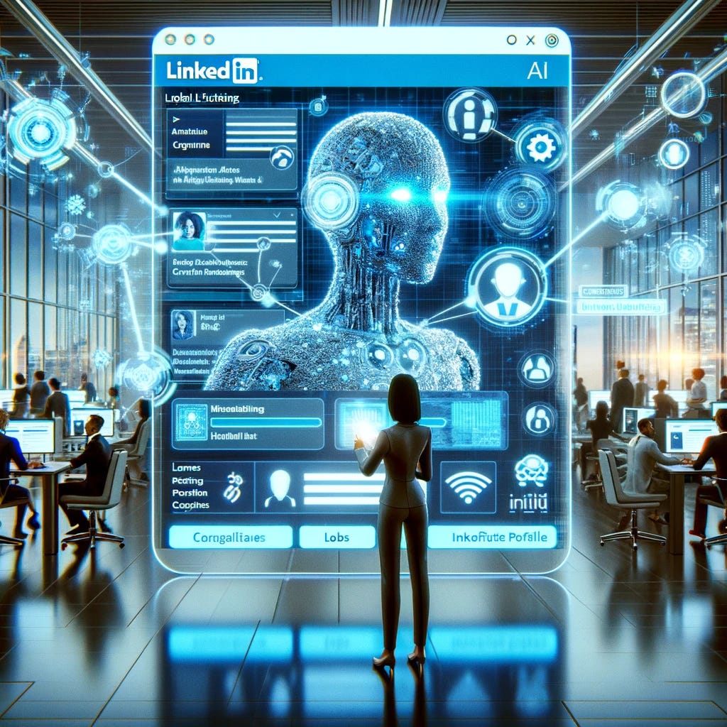 Visualize a futuristic office space where artificial intelligence is actively involved in job searches on LinkedIn. In the center, a large, advanced computer screen displays the LinkedIn interface, which includes the LinkedIn logo prominently at the top. The screen shows various job listings, with AI algorithms visibly at work, analyzing and sorting these listings. Surrounding the screen are holographic projections of different professional profiles and resumes, with AI symbols and data streams linking them to the jobs on the screen. The backdrop is a modern office environment with individuals engaging with similar advanced technology, highlighting the integration of AI in the job search process.