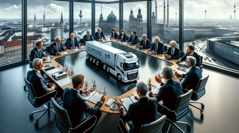 ChatGPT & DALL-E generated panoramic image of a German governmental, industrial, and academic working group focused on decarbonized trucking