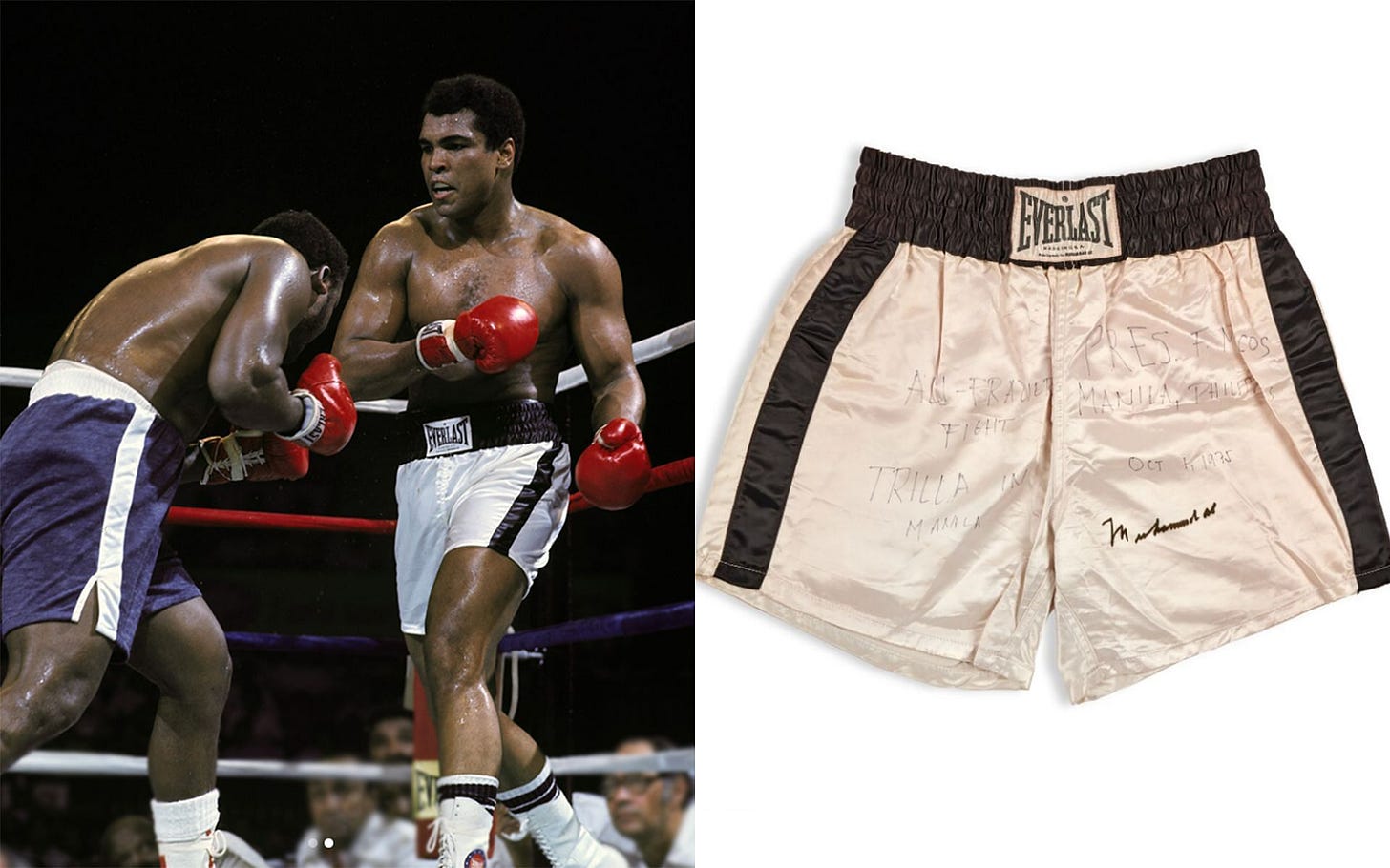 Muhammad Ali during his trilogy fight against Joe Frazier (left) and his boxing trunks from the fight (right) [Images Courtesy: @muhammadali Instagram and sothebys.com]
