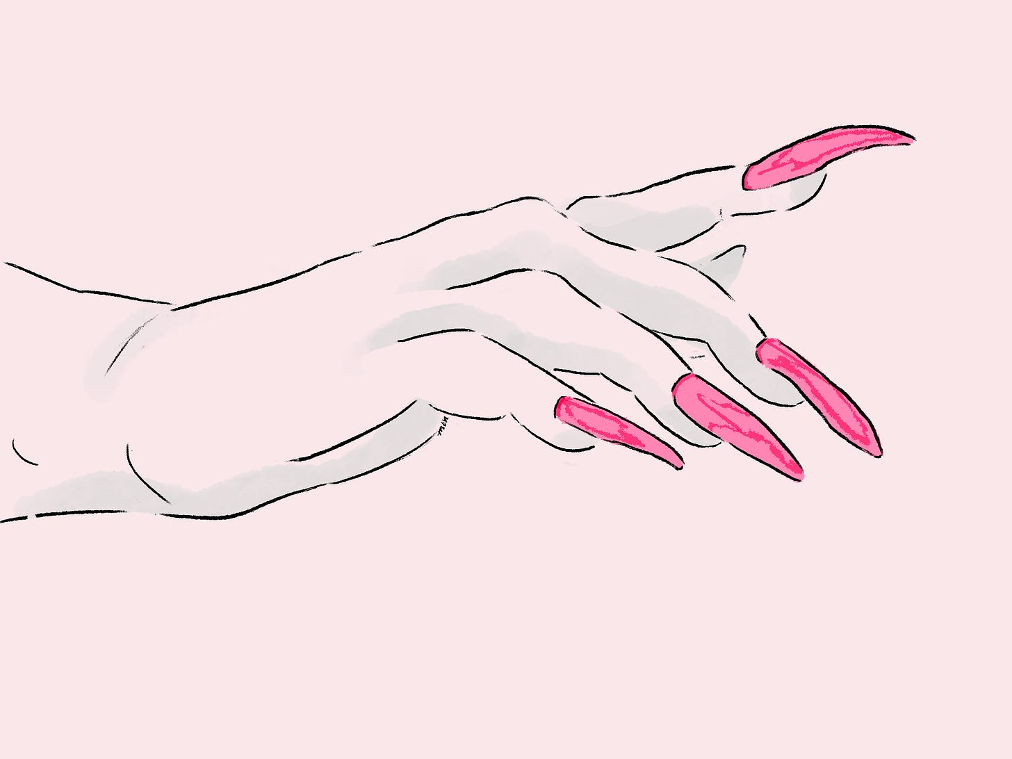 A woman's hand with long, pink fingernails reaches out.