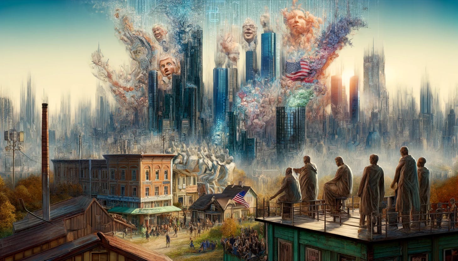 A dystopian cityscape where skyscrapers morph into crumbling small-town buildings. The scene has a surreal quality with digital distortions, and is thought-provoking rather than creepy. In the background, a political theater with puppet-like politicians performing on stage, surrounded by a mix of memes and spectacle. Cultural elements are depicted as dissolving smoke, with old mythic symbols breaking apart. Social media and AI algorithms warp through the air, subtly altering the shapes of people's faces and identities, creating a sense of fragmentation and fluidity.