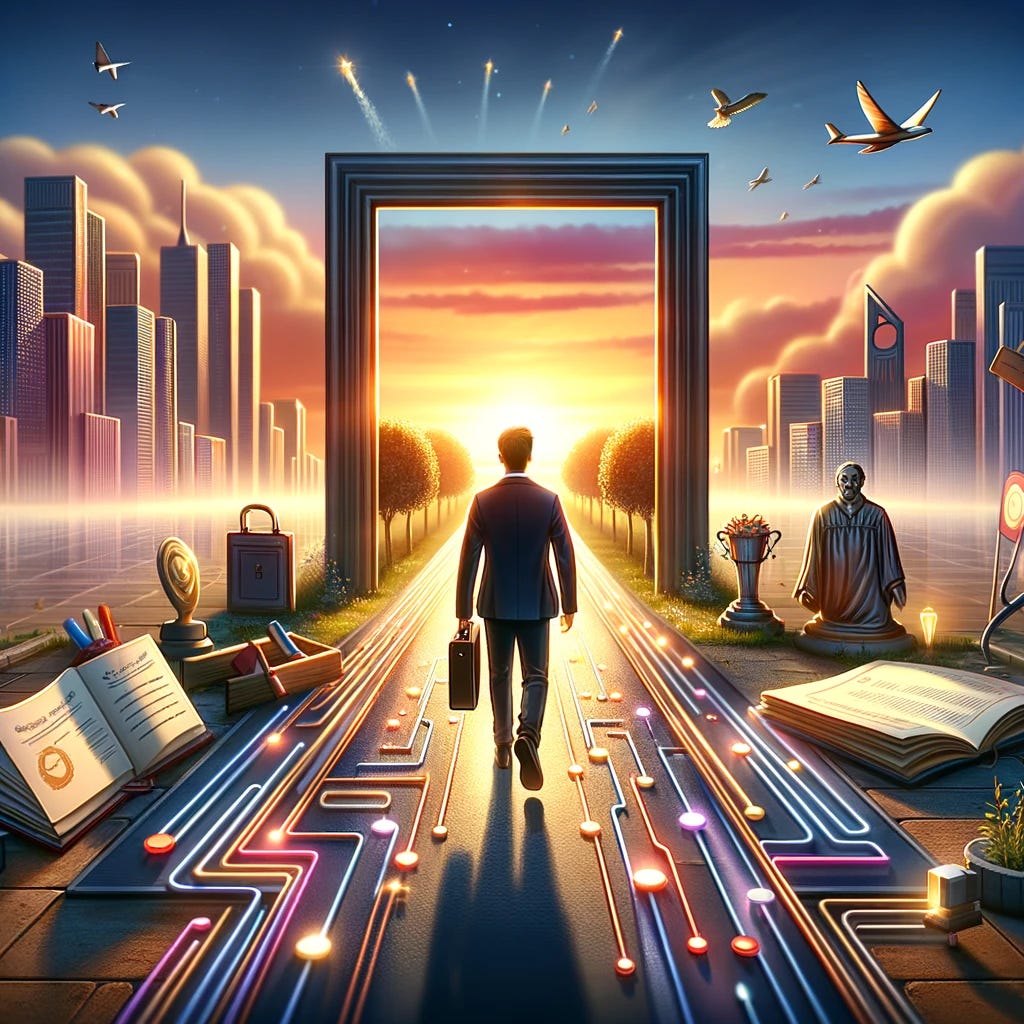 Illustrate the moment of launching a professional career with a vibrant and hopeful ambiance. This scene showcases a young professional stepping out onto a symbolic path from a large, metaphorical doorway that represents the start of their career journey. The path stretches towards a gleaming city skyline, signifying future opportunities and achievements. Along the pathway, scattered icons like a diploma, a trophy, and a briefcase embody the milestones and tools for success. The individual is depicted in a smart, modern business outfit, embodying ambition and readiness. A dawn sky, painted in hues of gold, orange, and pink, bathes the scene in light, symbolizing hope and the promise of a bright future. The composition should be lively and inspiring, aimed at evoking a sense of optimism and the anticipation of a rewarding career ahead.