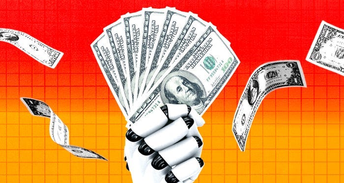 Photo illustration of a robot hand with money floating