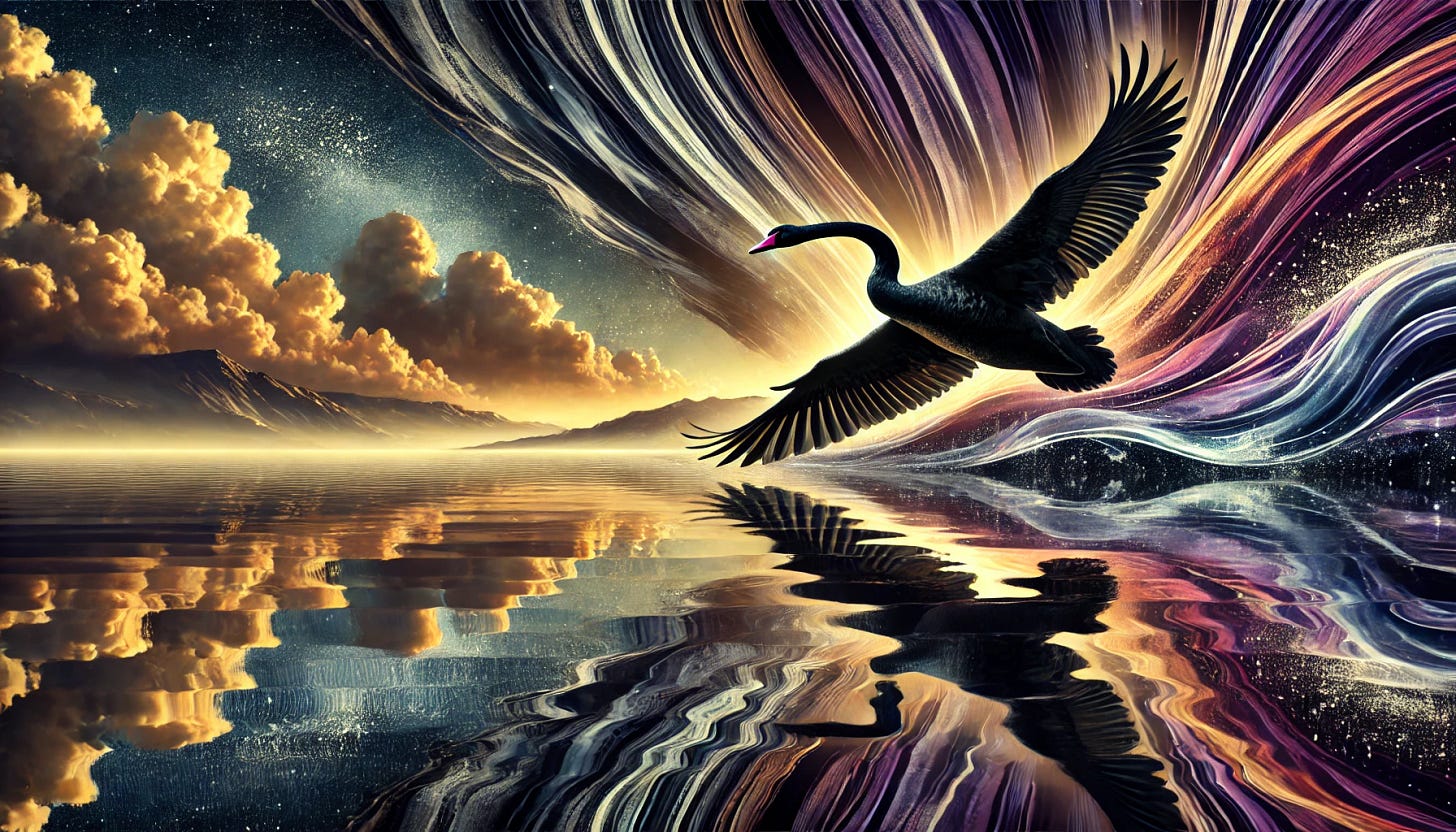 A banner image for the concept of 'Black Swan Song,' combining themes of transformation, finality, and unpredictability. The scene features a majestic black swan gracefully flying over a vast, reflective lake under a dramatic twilight sky. The swan's wings trail shimmering particles of light that ripple like waves, symbolizing the transformative impact of a final act. In the background, the lake transitions into abstract patterns, blending reality with a sense of the surreal and revolutionary. The color palette mixes deep purples, golds, and silvery blues, evoking a sense of both mystery and profound change. The atmosphere is both serene and electrifying, capturing the tension between inevitability and unpredictability.