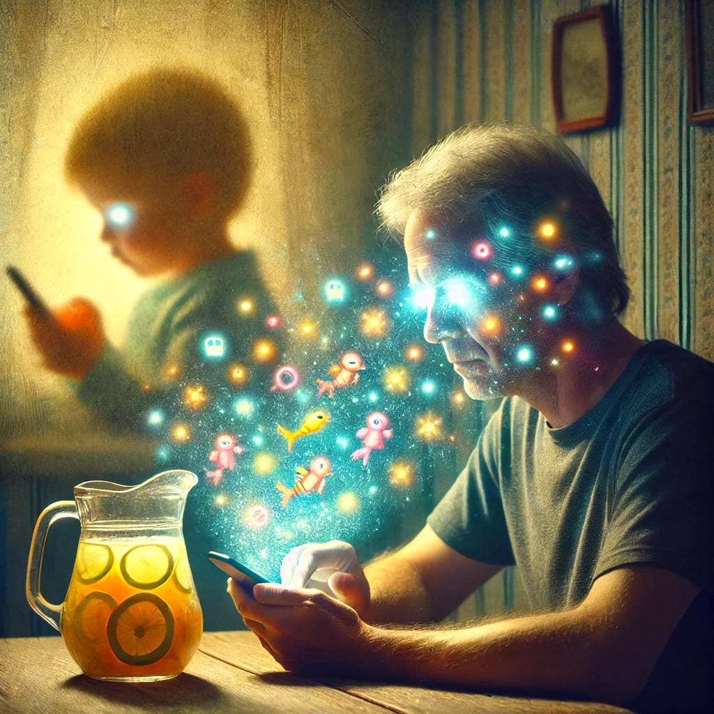 An adult sitting in a softly lit room, looking at a glowing smartphone screen. Reflections of colorful digital icons float in their eyes, resembling tiny sea creatures or brine shrimp swimming in light. In the background, a dreamlike, faded image of a child’s lemonade pitcher filled with tiny Sea-Monkeys sits on a table, barely visible. The mood is nostalgic and contemplative, blending past and present.