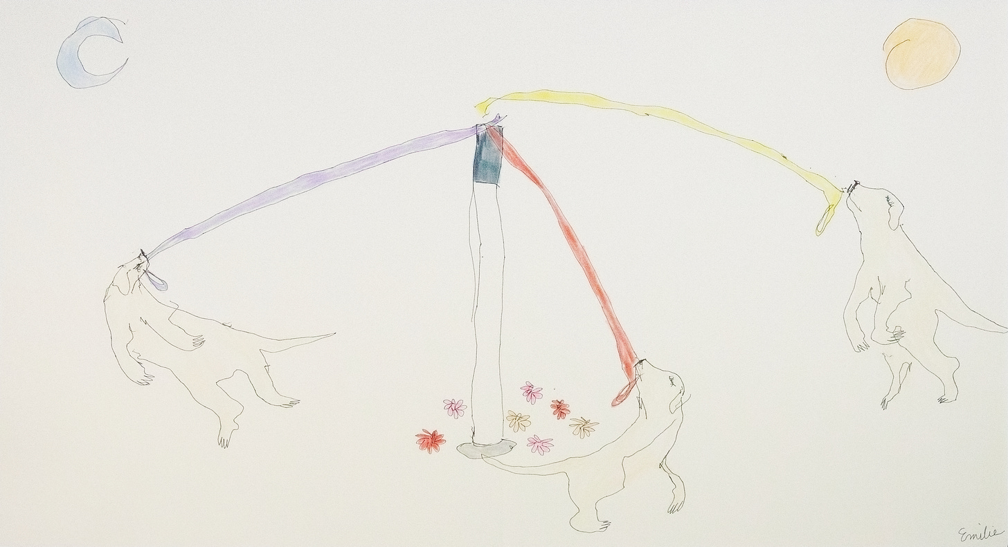 A drawing of three Labrador dogs with leashes in their mouths that connect to a white cane maypole, dancing around flowers and under a sun and moon.