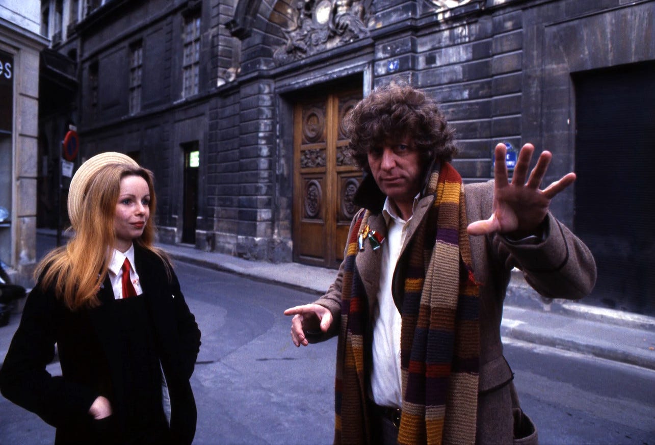 Tom Baker as Dr Who and Lalla Ward as Romana in Paris in a publicity photo for City of Death (1979)