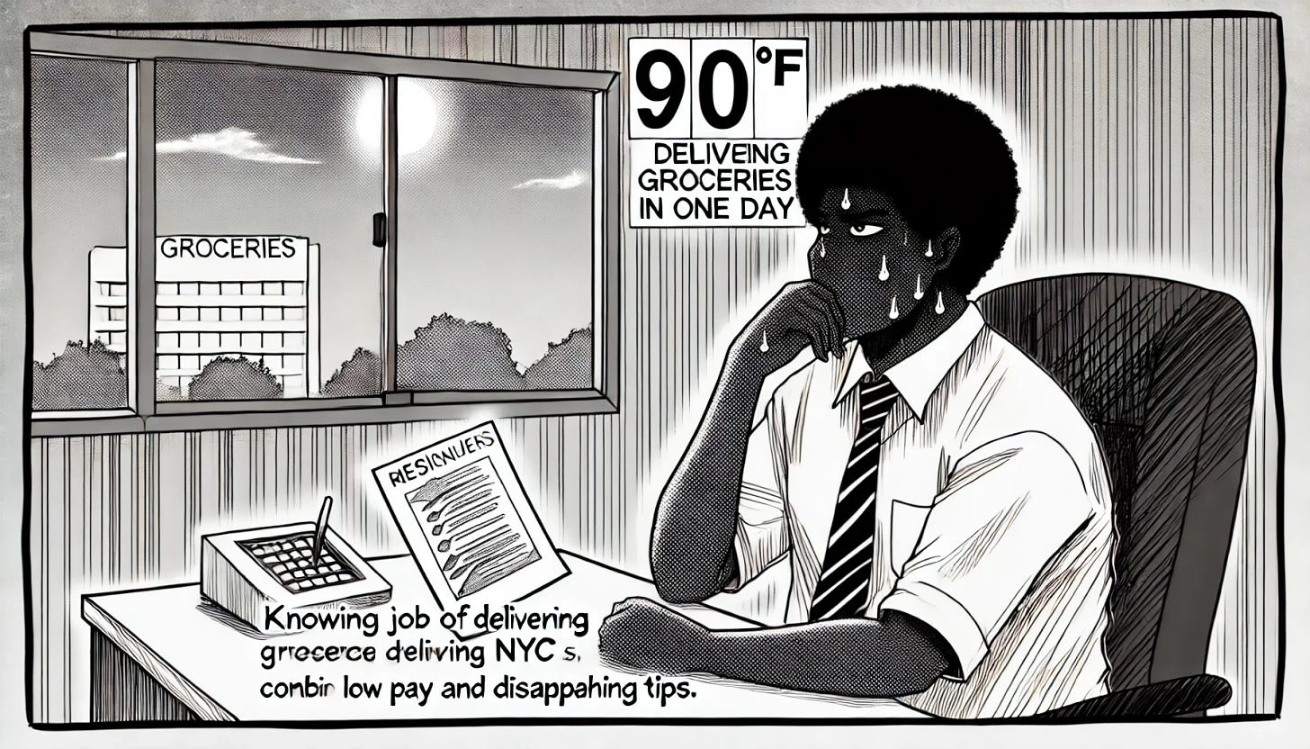 A manga-style illustration depicting a young woman in a tense moment after receiving two resignations in one day. The setting is a small, modest office with a window showing the scorching summer heat outside, with the temperature reading 90°F. The young woman manager, with a serious expression, is deep in thought, possibly frustrated or worried, knowing the resignations are due to the grueling job of delivering groceries in the sweltering NYC heat, combined with low pay and disappearing tips. She is shown at her desk, perhaps holding one of the resignation letters, with sweat on her brow. The atmosphere in the office is tense, with a sense of urgency and the need to take action. The illustration uses manga-style shading and lines to emphasize the heat, tension, and the manager’s resolve to do or say something to address the situation.