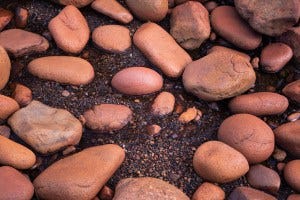 Beach rocks that have found themselves caught in the runoff of a nearby wetland are stained by tannins in Acadia National Park, Isle au Haut, Maine.