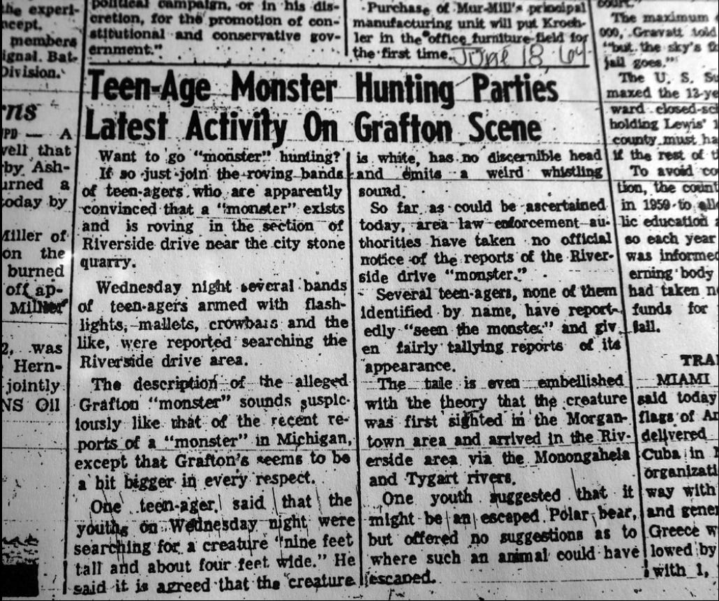 A newspaper article describing a white boulder like-monster disturbing the town and groves of teenagers flocking to try and find and attack it.