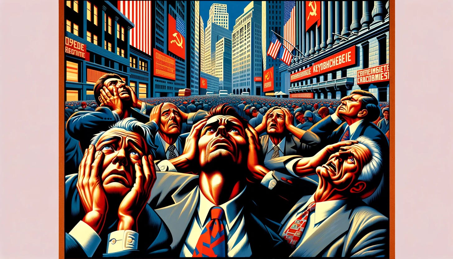 A Soviet-style propaganda poster from the 1990s, showing American capitalists from Wall Street despairing over the decline of global markets, without any text. The poster embraces the distinct aesthetic of Soviet propaganda art, characterized by bold colors, strong geometric shapes, and a focus on ideological messaging. It depicts Wall Street capitalists in typical 1990s business attire, like modern suits and ties, amidst a backdrop of the iconic Wall Street environment. Their expressions convey deep concern and despair, reflecting the tumultuous economic conditions of the time. The poster lacks any textual elements, emphasizing the visual impact of the composition. The overall tone is one of critique and reflection on the economic struggles of the era, from a Soviet artistic perspective.