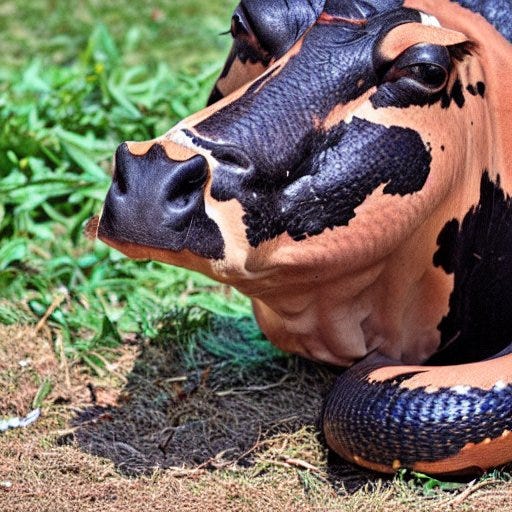 Simulated photos of a cow that is also a snake