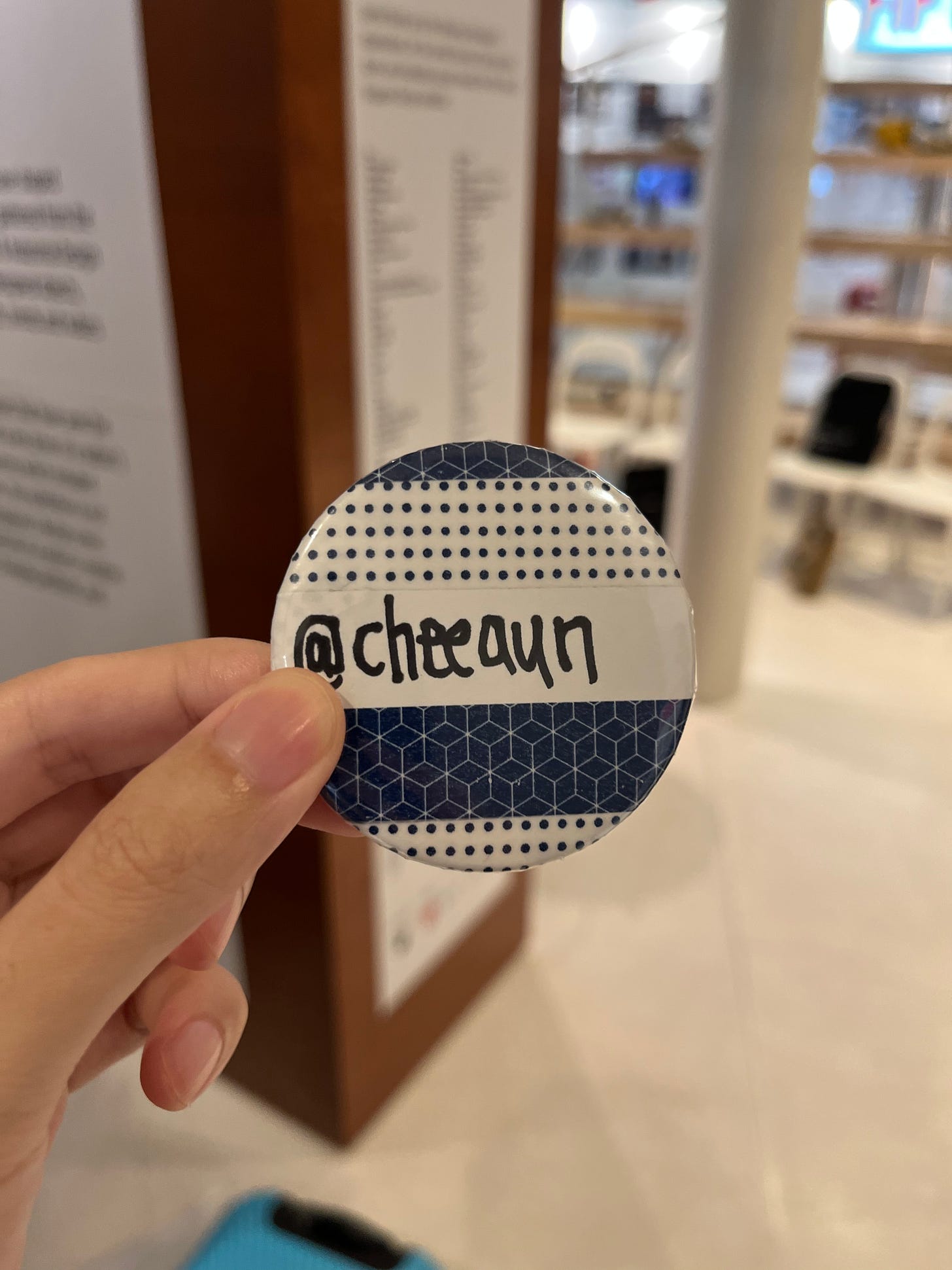 A pin with my "cheeaun" username on it
