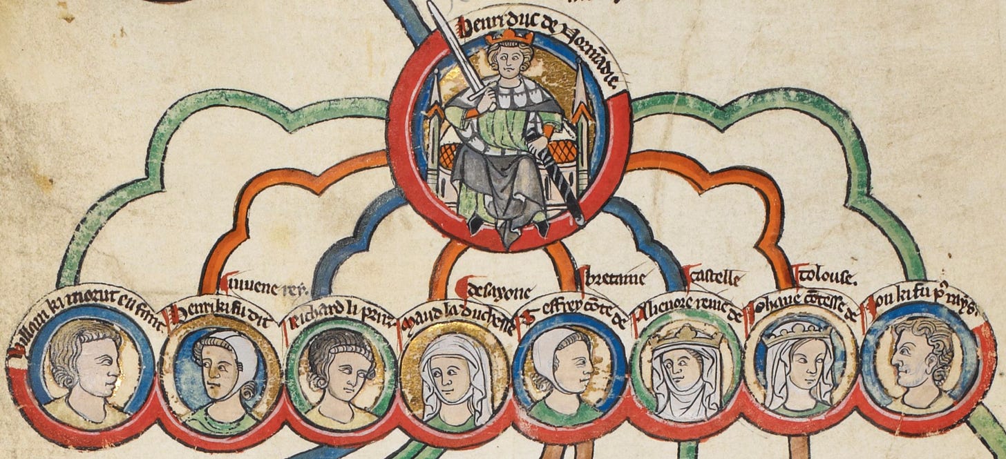 Medieval manuscript image of the children of Henry II and Eleanor of Aquitaine.