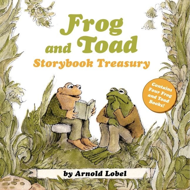 In a soft color painting - an anthropomorphized frog and toad sit next to each other reading a book. The creatures are both wearing coats and jackets