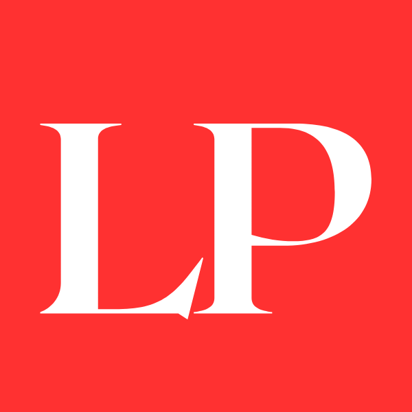 'LP' logo - white text on red background