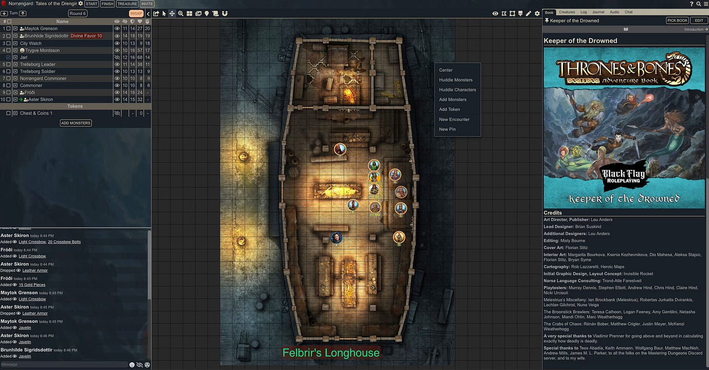 Screenshot of shard. Encounter and chat on left, map in middle, adventure book on right.