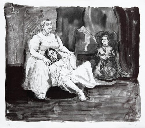 Black and white illustration of a fat woman in a chair with a young woman with a vacant gaze splayed between her legs and another woman watching to the side. 