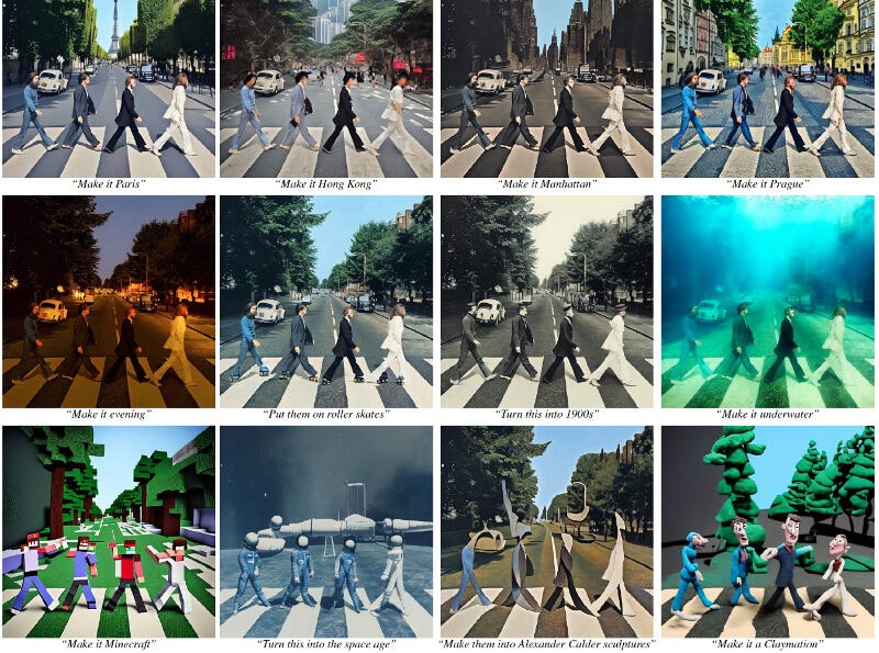 Beatles Abbey Road cover transformed in different ways by InstructPix2Pix