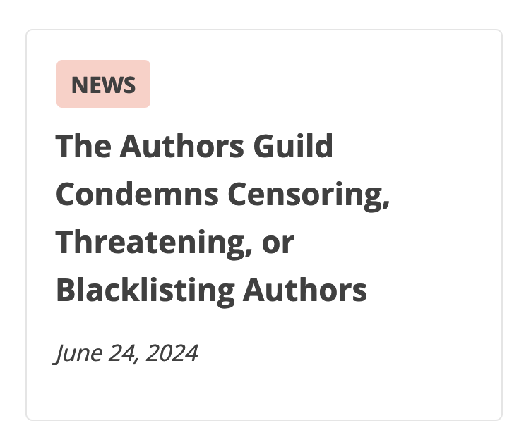 Screenshot of text announcing "The Authors Guild Condemns Censoring, Threatening, or Blacklisting Authors"