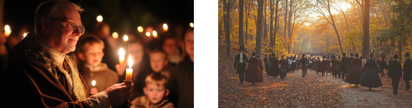 A split image: on the left, an older man in glasses and period clothing holds a lit candle, surrounded by a group of people also holding candles, their faces illuminated softly in the dark, creating a solemn, communal atmosphere. On the right, a large crowd dressed in historical attire walks down a leaf-strewn path in a sunlit autumn forest, with golden light filtering through the trees. The scene conveys a sense of historical reenactment or ceremonial gathering, blending warmth, tradition, and community.