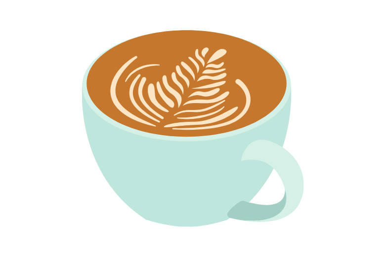 Illustration of a blue coffee cup with latte art on top.