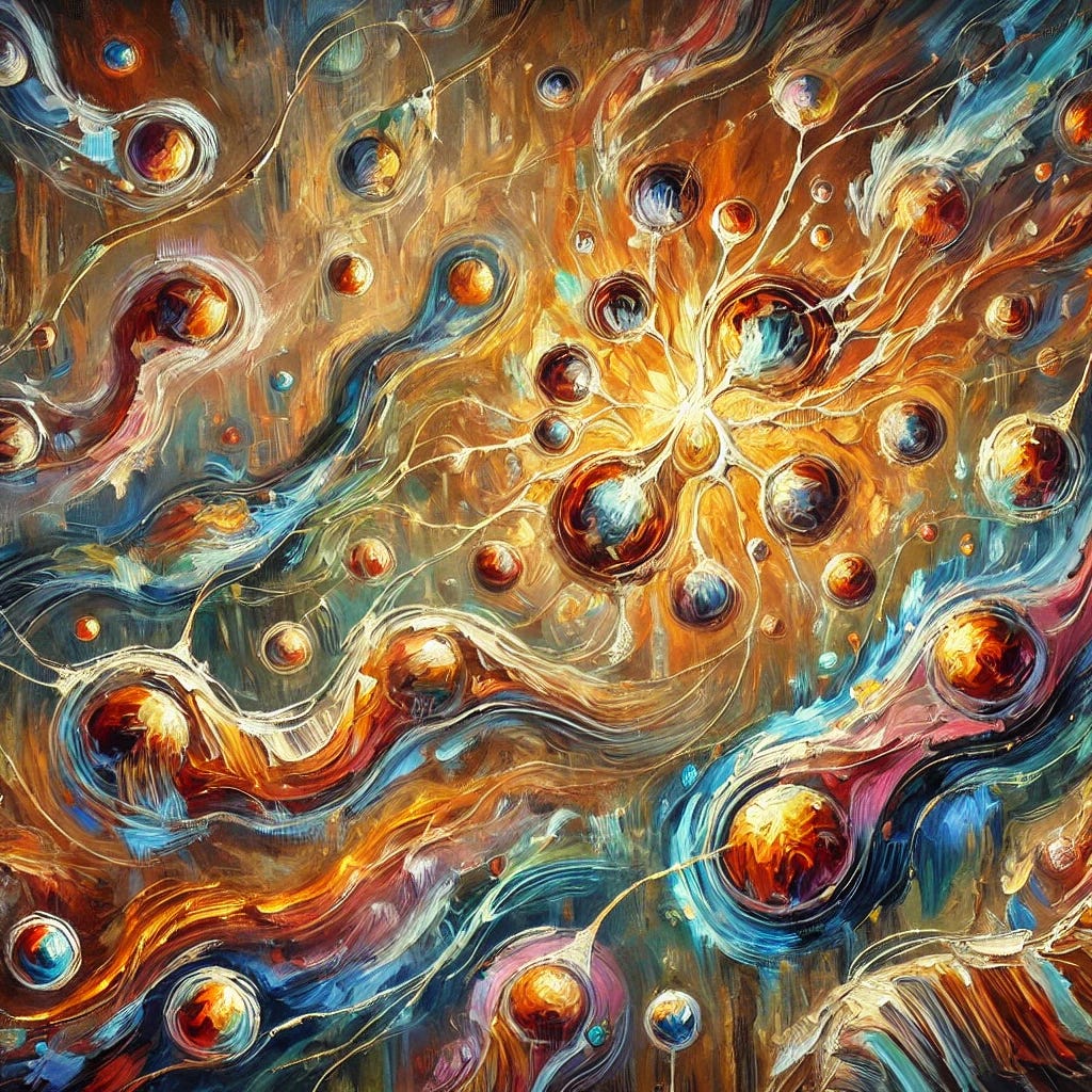 A beautiful abstract oil painting with thick brush strokes, representing the intricate relationship between copper, iron, and magnesium in cellular energy production. The artwork features swirling, dynamic shapes symbolizing mitochondria generating energy, with rich, bold colors evoking vitality and movement. Glowing organic forms represent mineral interactions, while a deep historical backdrop hints at the Great Oxygen Event. The painting conveys the balance of nature and human health, with warm copper tones, deep iron reds, and soothing magnesium blues blending in an impressionistic, textured composition. No text or letters included.