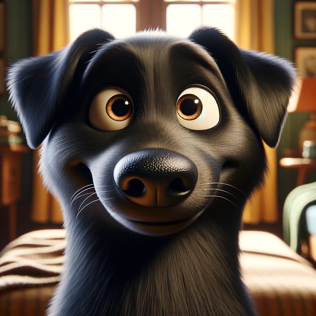 Create an image of a black dog with expressive eyes and a shiny coat in the style of a classic Disney animated movie. The dog should look friendly and have a charming, exaggerated expression that conveys personality and emotion, typical of Disney's anthropomorphic animal characters. The setting should be cozy and inviting, reminiscent of a scene where a beloved pet is featured in a Disney film.