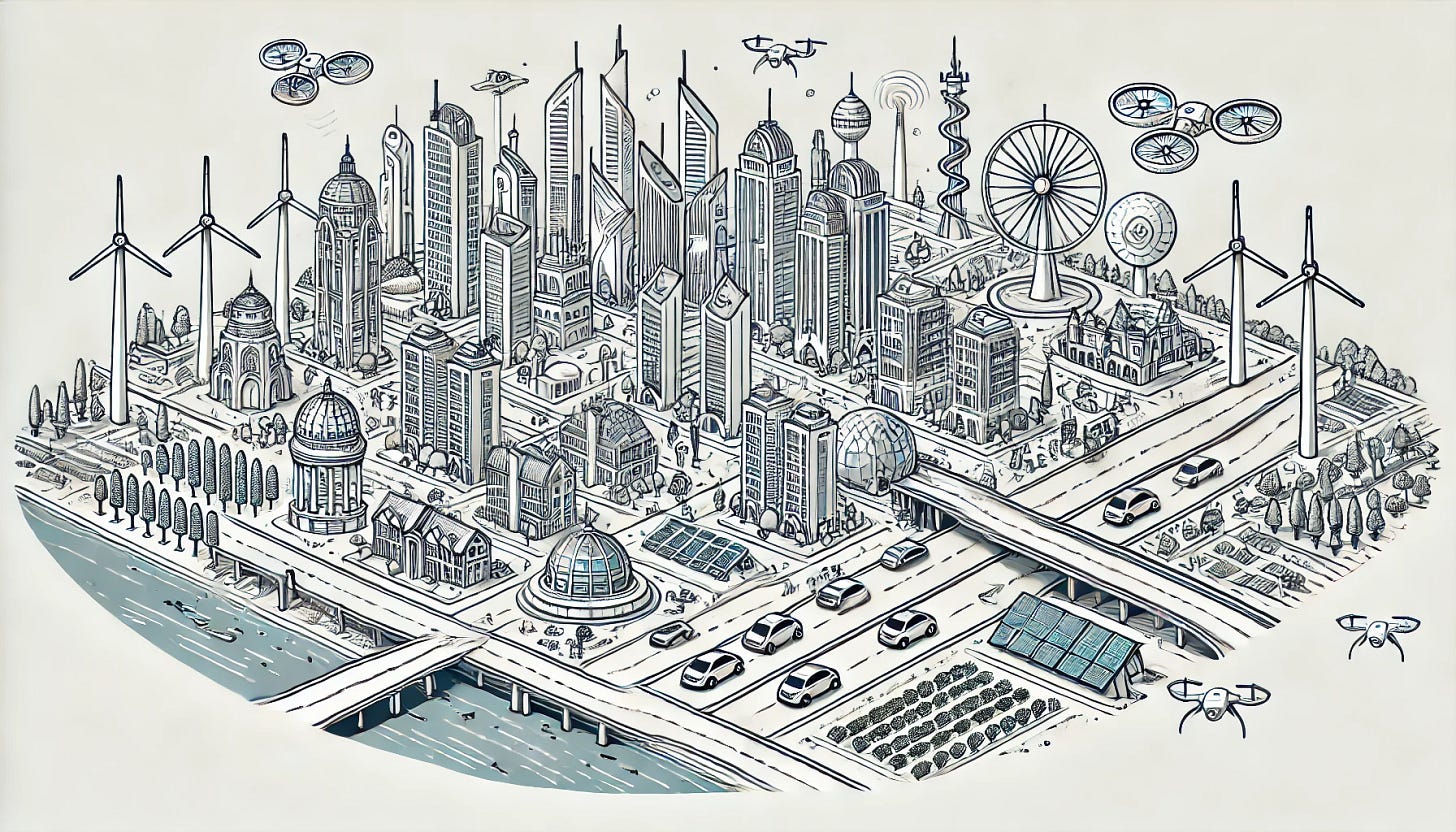 A wide aspect ratio minimalist, line art illustration of a mini empire with advanced technology. The design shows a mix of modern skyscrapers, sleek apartment buildings, traditional castles, and towers spread across a large landscape. Roads feature autonomous vehicles, while drones hover above. Buildings are equipped with solar panels, wind turbines are visible in the background, and sleek bridges connect different parts of the city. The river is crossed by futuristic bridges, and there are robotic elements throughout the city. Communication towers, domes, and green rooftop gardens add a tech-forward, yet minimalist feel. The clean lines emphasize simplicity and technology, creating a balanced, futuristic mini empire.